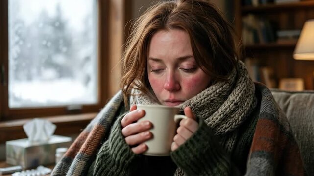 A woman with a cold wrapped in a scarf during winter, flushed cheeks, cozy layers and subdued seasonal illness mood, ultra-realistic, no logos.