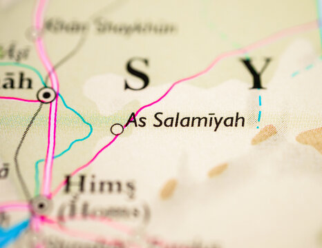 Macro map detail featuring As Salamiyah in central Syria.