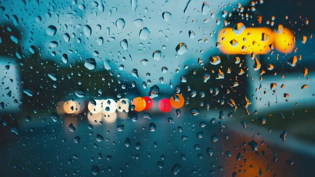 A captivating of a rainy night in the city with blurred lights and raindrops on a car window.