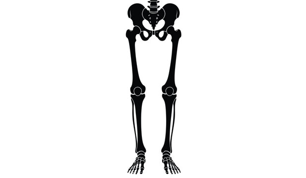 A stark depiction of a human skeleton s pelvic region and legs against a white background creating a dramatic silhouette high quality professional detailed
