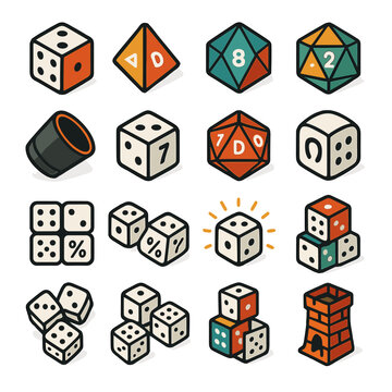 Collection of various dice and game elements in a flat, isometric design style