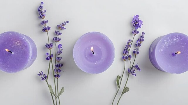 Purple candles glow softly beside lavender sprigs. Candles rest on clean, bright white surface. Lavender stems curve gently between candles. Soft light highlights candle wicks and petals