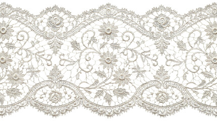  Ornate vintage scalloped lace trim with blooming rose motifs and circular patterns on a transparent background © Vitalo4ok