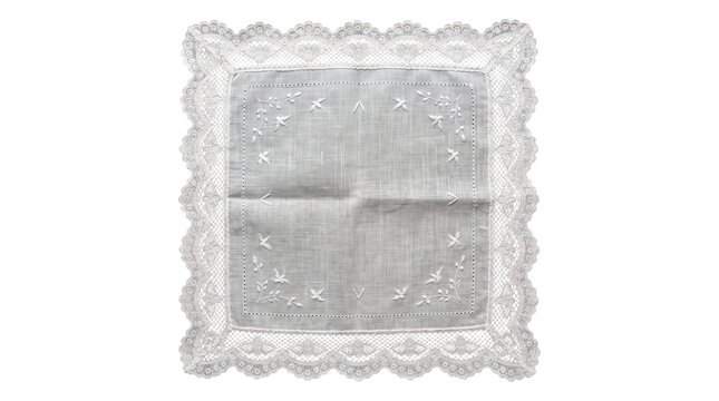 Square white linen handkerchief with embroidered flying birds and wide lace border on a transparent background