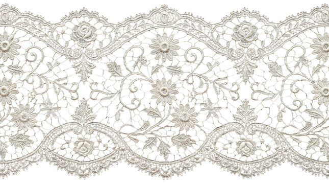  Ornate vintage scalloped lace trim with blooming rose motifs and circular patterns on a transparent background