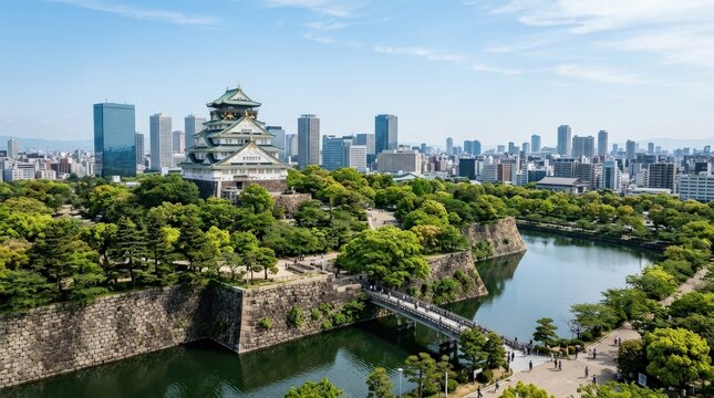 A scenic view of Osaka Castle surrounded by lush greenery and city skyline, historic architecture standing prominently under clear sky, balanced composition of nature and urban landscape, serene