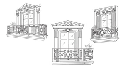 Fototapeta premium Ornate Vintage Balcony Windows and Decorative Architectural Facade Sketches in Classic European Style
