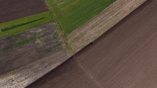 Aerial view of geometric shapes of cultivated land contrasting green and brown hues, creating a patchwork of agricultural textures, Ponte de Lima, Portugal.