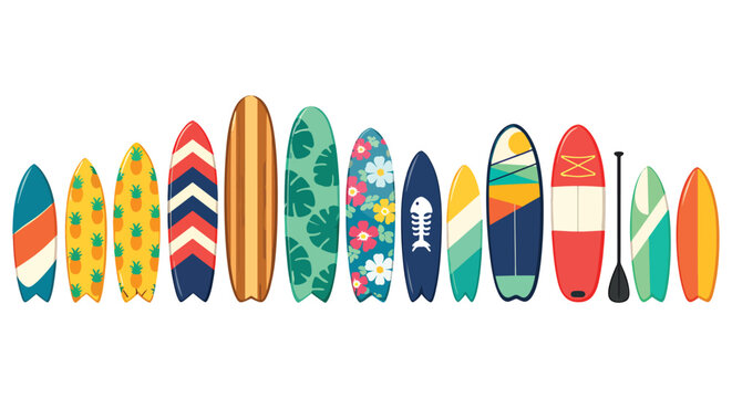Colorful Surfboard Lineup On White Background - Summer Beach Surfboards And Paddleboard Collection