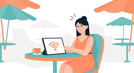 Fototapeta premium Frustrated woman with no Wi-Fi signal on tablet at outdoor cafe table