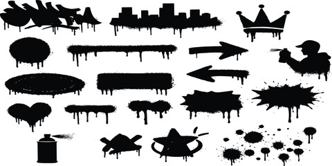 Obraz premium A set of black vector silhouettes featuring various transport icons including ships, trains, and trucks combined with industrial ink splash designs
