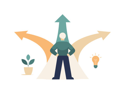 Individual standing before several diverging abstract pathways represented as simplified shapes, beginning to explore reasoning