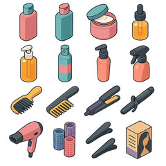 Obraz premium Collection of isometric hair care and styling tools and products