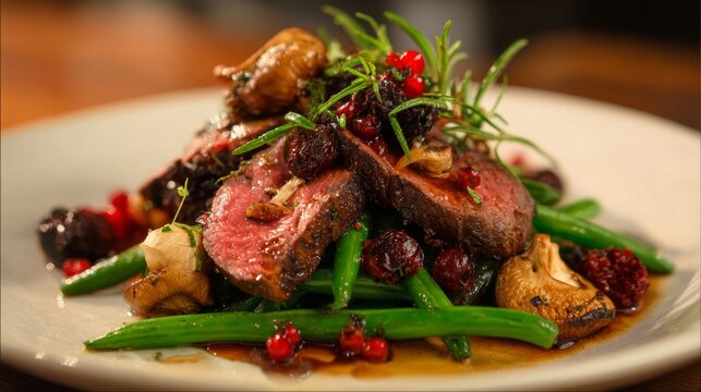 Roasted venison tagliata steak from the haunch, served with wild mushrooms green beans, and a fruity red wine sauce with wild herbs.