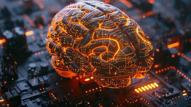 High-tech digital of a glowing brain with circuitry in the background