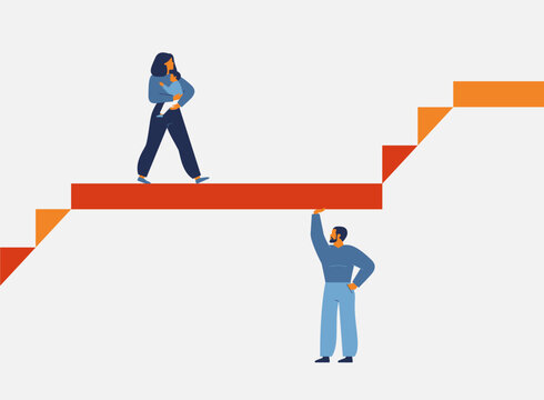 support for women with children from family, government, social. Single mother with baby moving up in Professional promotion in company with help. Vector illustration
