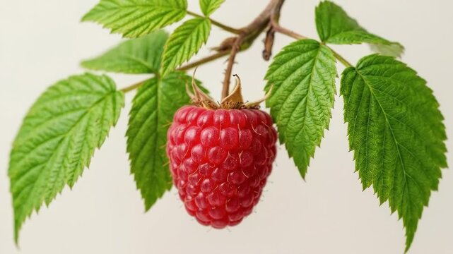 A fresh raspberry on its stem with green leaves isolated on a clean backdrop, fine fruit texture and rich red color, bright natural freshness, ultra-realistic, no logos.