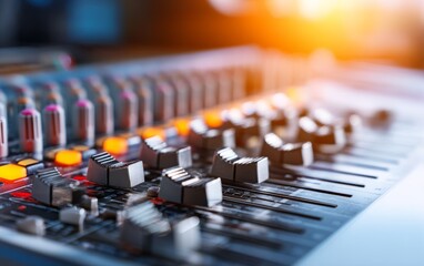Fototapeta premium Closeup of Professional Mixing Console with Multiple Faders and Knobs