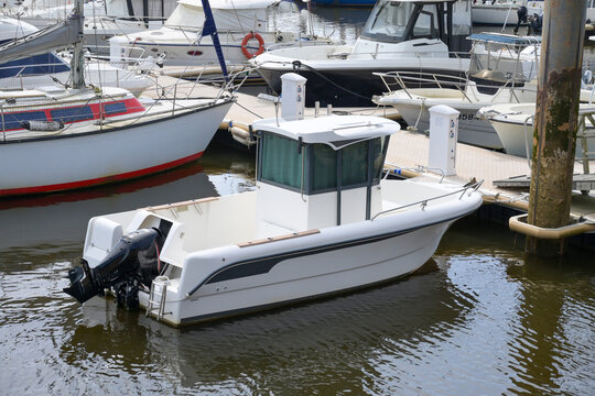Leisure boats and yachts moored in the marina of Capbreton, Landes, France.
