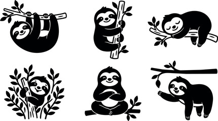 Fototapeta premium Six playful sloths hanging and resting on tree branches