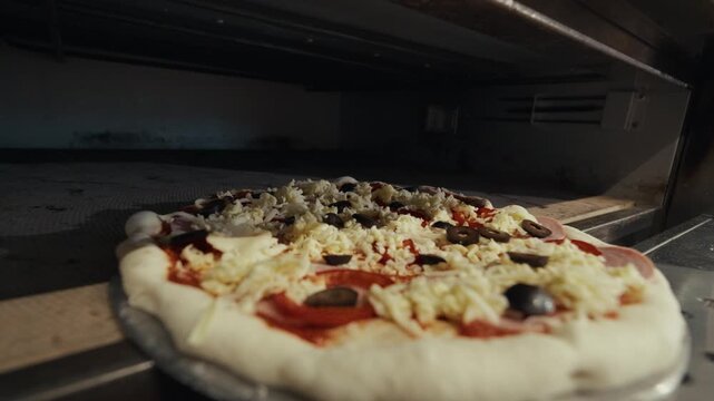 Chef in black gloves slides pizza into commercial oven, showcasing the cooking process with visible toppings and a clean kitchen environment in the background