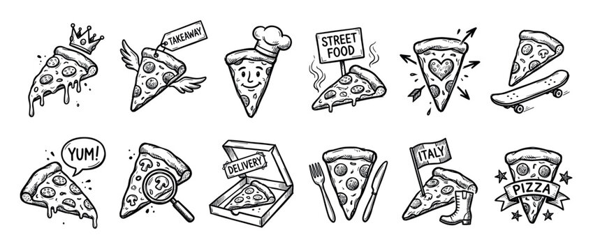 Hand-drawn black and white pizza slices are creatively illustrated in a playful cartoon style, showcasing themes like royalty, quick service, culinary art, and food transportation