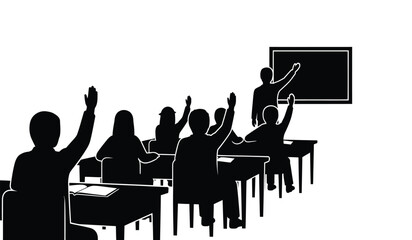 A classroom scene depicts students actively participating with raised hands a teacher leading and desks arranged in rows a striking silhouette high quality professional © rsvect02