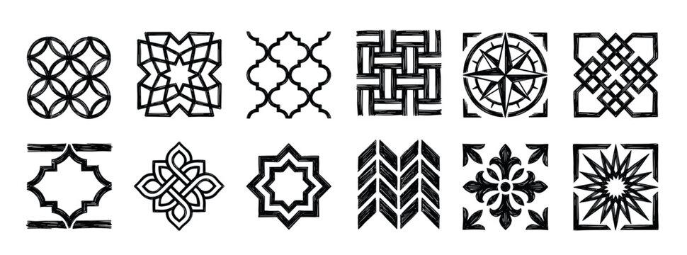 Collection of twelve diverse hand-drawn ornamental patterns featuring intricate geometric, abstract, and traditional cultural motifs in a bold black and white sketch style