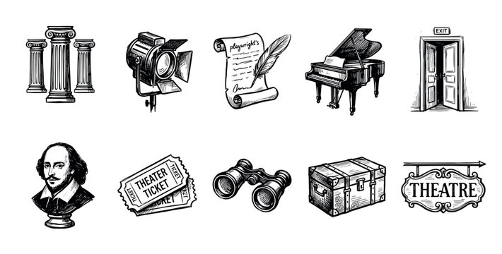 Comprehensive collection of hand-drawn theatre and drama themed icons are rendered in a detailed vintage sketch style, perfect for illustrating performing arts concepts