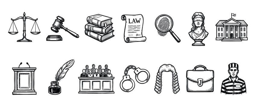 Comprehensive collection of hand-drawn legal icons, symbolizing justice and law enforcement, presented in a detailed sketch style isolated on a clean white background