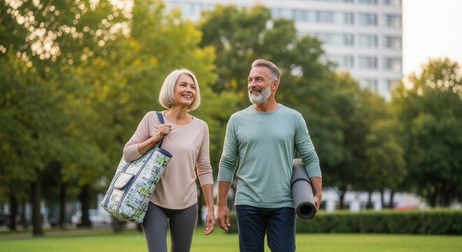 Happy Senior Couple Walking in Park with Yoga Mats