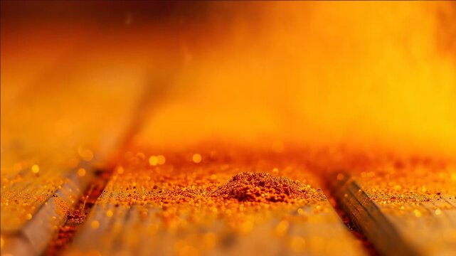 Golden spice dusts wooden planks softly. Warm, sunlit texture fills the frame. Fine particles shimmer with vibrant hue. Cozy, rustic scene invites sensory touch. Natural warmth enhances organic feel