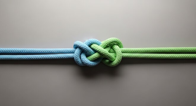 Two distinct ropes, one light blue and one light green, are intricately tied into a symbolic, decorative knot.