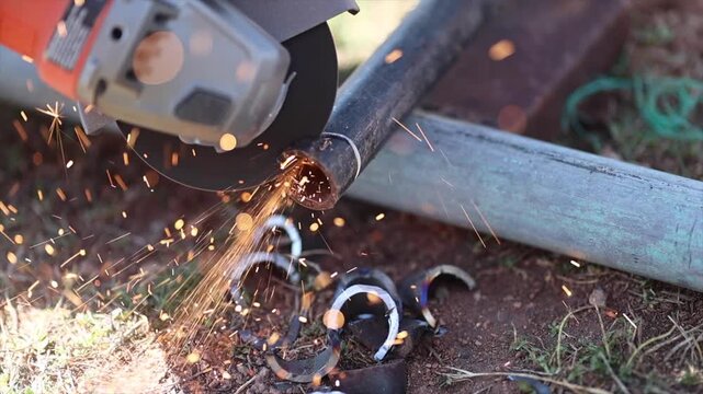 Man is cutting a metal list by angle grinder saw.