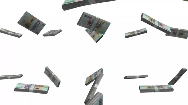 Vietnam Money, Vietnamese Dong Banknotes Falling, VND Polymer Currency Stacks, White Background, 4K