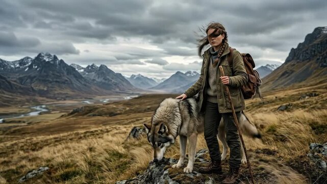 A girl explorer with her wolf in a wild landscape, windswept grass, adventurous clothing, loyal companion, brave and mystical atmosphere, ultra-realistic, no logos.