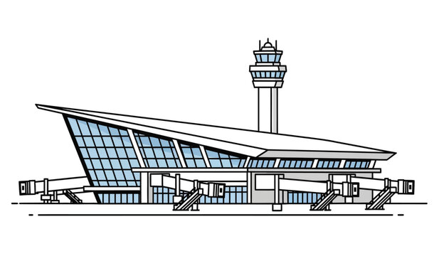 A detailed line drawing showcases a modern airport terminal with a control tower capturing architectural elements as a silhouette high quality professional elegant stylish