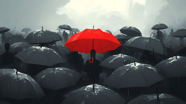 大勢の黒い傘の中で際立つ一本の赤い傘。雨の日の群衆、個性、リーダーシップ、差別化を象徴するドラマチックなコンセプトアート背景素材