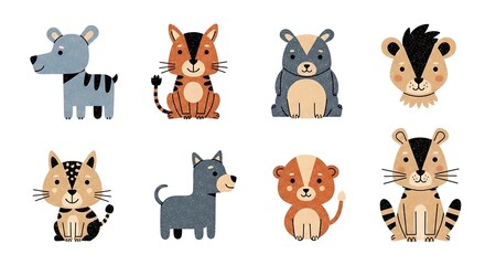 Obraz premium Colorful vector illustration of eight adorable animal faces and bodies