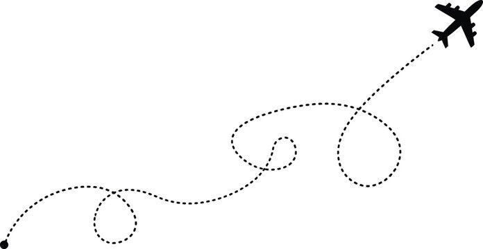 Vector graphic illustration of airplane flying in a wavy dotted line path through the air with a solid black plane