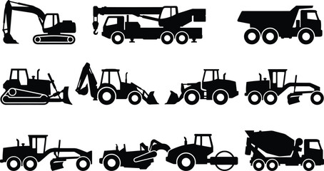 Black silhouettes of various construction vehicles and heavy machinery equipment © THANKYOU