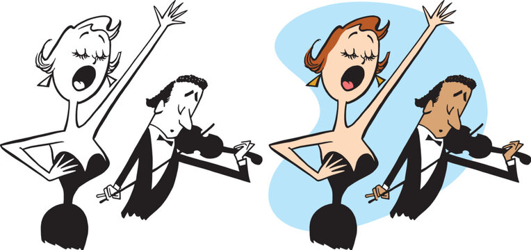 A vintage retro cartoon of a woman singing as a man plays a violin.