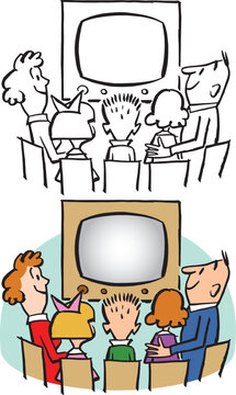 A vintage retro cartoon of a family gathered around a television watching a show. 