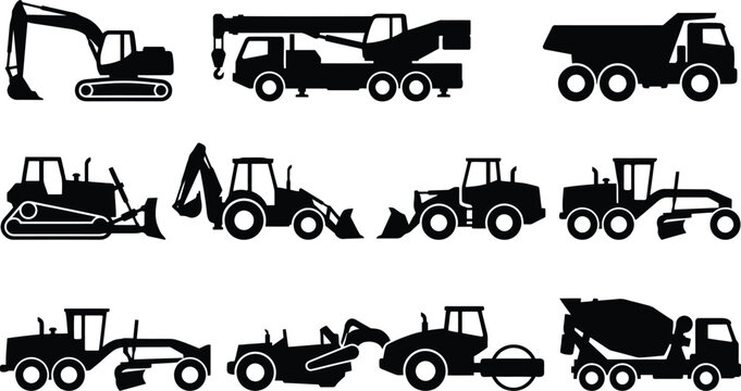 Black silhouettes of various construction vehicles and heavy machinery equipment