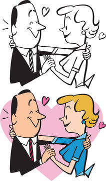 A vintage retro cartoon of a loving couple in an embrace. 