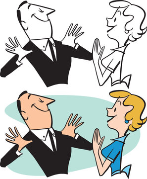 A vintage retro cartoon of a boastful husband and a proud wife. 