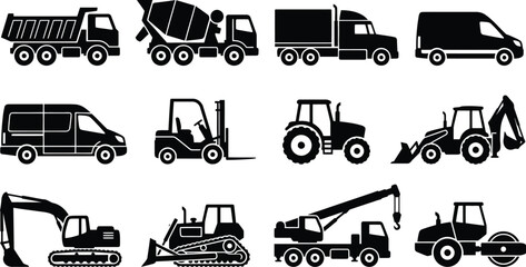 Vector illustration of various construction and transportation vehicles in black and white © THANKYOU