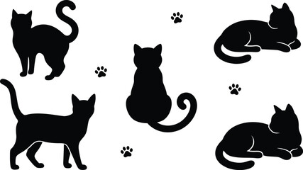 Black cat silhouettes in various poses with paw prints on white background vector illustration graphic design © THANKYOU