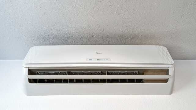 California, USA - June 10, 2025: A Midea wall mount air conditioner