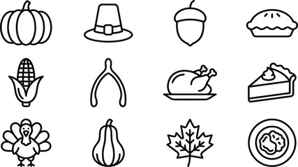 Thanksgiving icons set including pumpkin, turkey, pie, and leaves in simple vector graphic design © THANKYOU